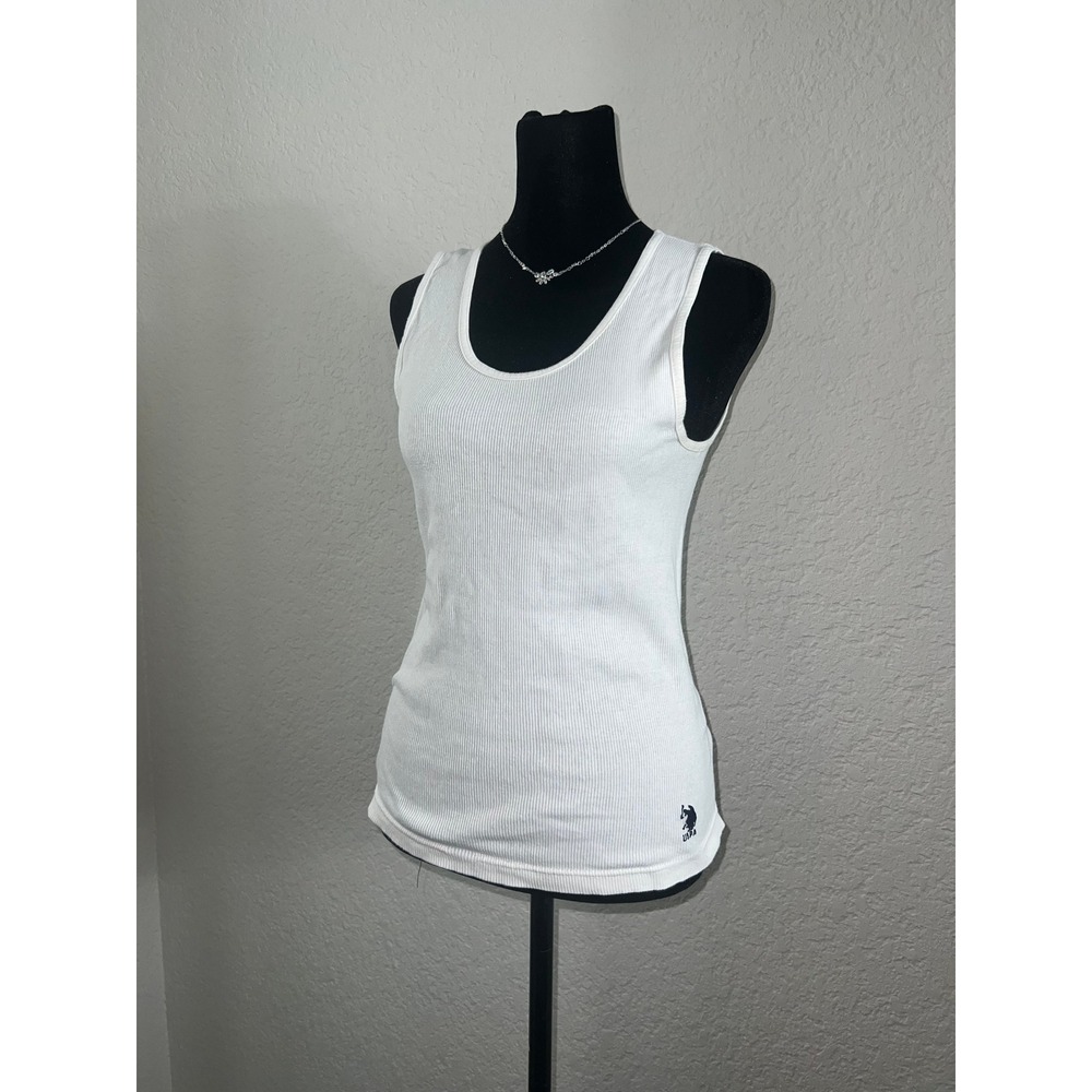 US Polo Assn Womens White Ribbed Tank Top Cotton Scoop Neck Logo Size Medium